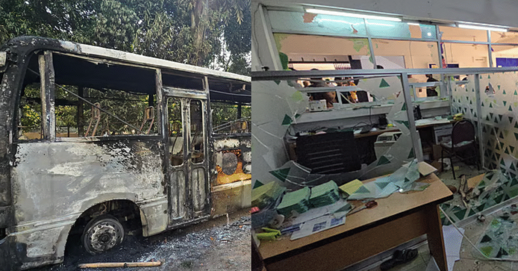 আশুলিয়ায় ড্যাফোডিল ও সিটি ইউনিভার্সিটির সংঘর্ষের পর পুড়ে যাওয়া বাস ও ভাঙচুর হওয়া ভবন