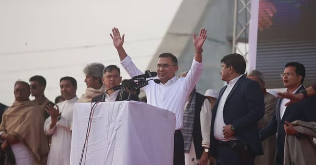 ঢাকায় সংবর্ধনা অনুষ্ঠানে বক্তব্য দিচ্ছেন তারেক রহমান